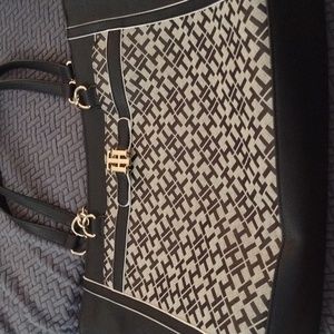 Tommy Hilfiger monogram black and tan leather shoulder bag